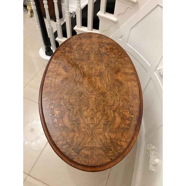 Antique Victorian Burr Walnut Inlaid Oval Lamp Table, 1860s For Sale - Image 4 of 10