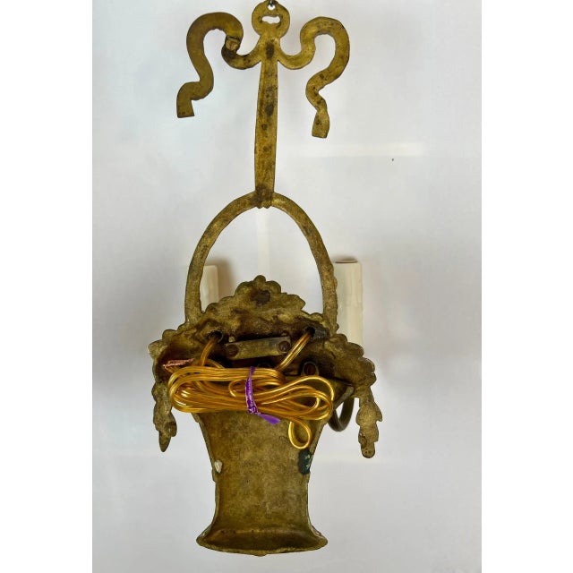 Gold Pair of Vintage French Gilded Bronze Fruit & Flower Basket Wall Sconces, Louis XVI Style For Sale - Image 8 of 10