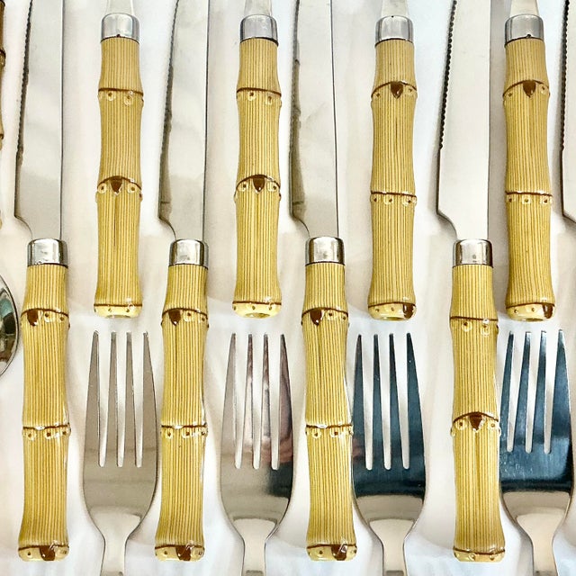 Vintage Coastal Boho Chic Chinoiserie Faux Bamboo & 18/8 Stainless Flatware Set- 49 Pieces. For Sale - Image 11 of 12