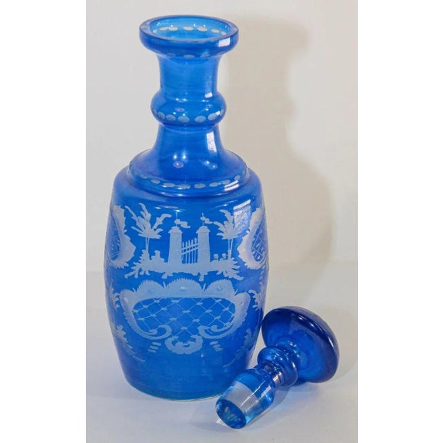Antique Bohemian Blue Engraved Glass Bottle Covered Decanter For Sale In Palm Springs - Image 6 of 13