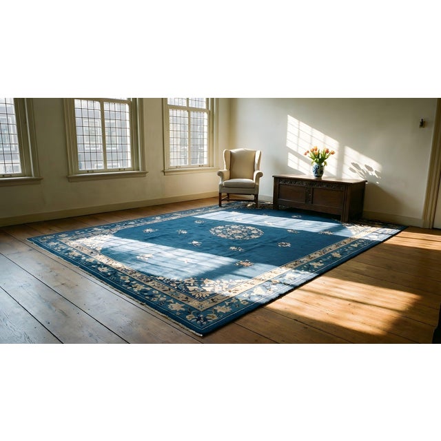 Textile Excellent Navy Blue and Tan Beige With Deliciated Florid Antique Chinese Peking Rug For Sale - Image 7 of 9