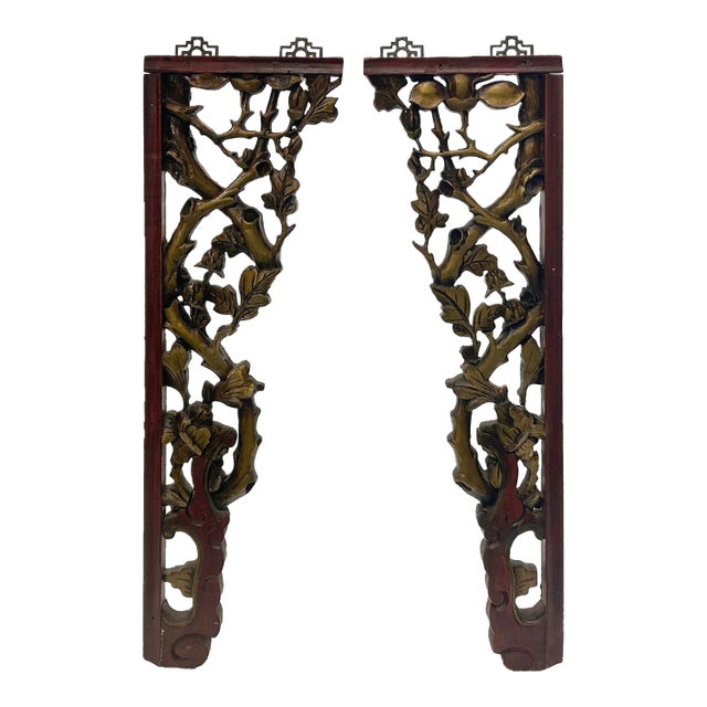 Pair Chinese Vintage Golden Flower Carving Corner Shape Wood Wall Art For Sale