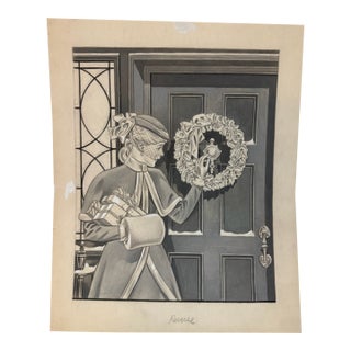 1940s Original Graphite Illustration of Woman Hanging Christmas Wreath, 11 X 9 In. For Sale
