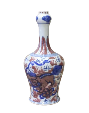 Chinese Red Blue White Porcelain Handpainted Foo Dog Small Vase