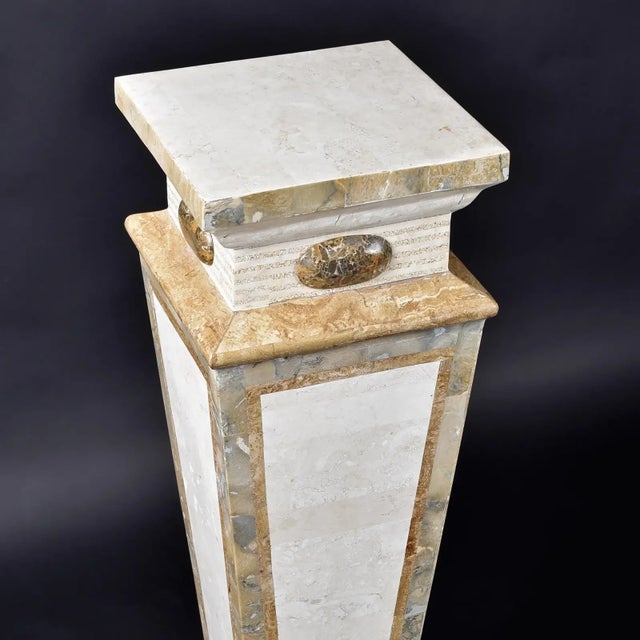 Gorgeous Nineteen-Laties (1980s-1990s) era Maitland Smith tessellated stone display pedestal. The design is a Neo-Deco...