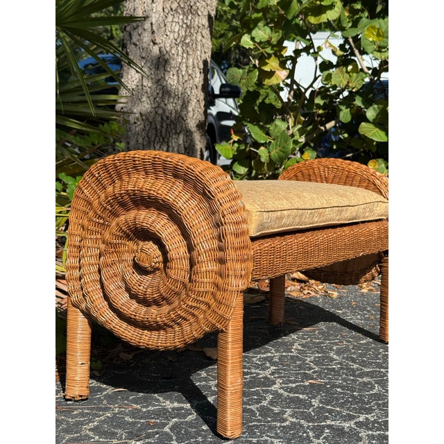 Vintage Wicker Bench | Coastal Rattan Barrel-Back Settee With Cushion For Sale In Tampa - Image 6 of 10