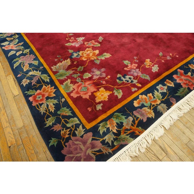 Ruby Red 1920s Ruby Red Floral Antique Chinese Art Deco Carpet 8'10" X 11'2" Handknotted Pile Wool Rug For Sale - Image 8 of 9