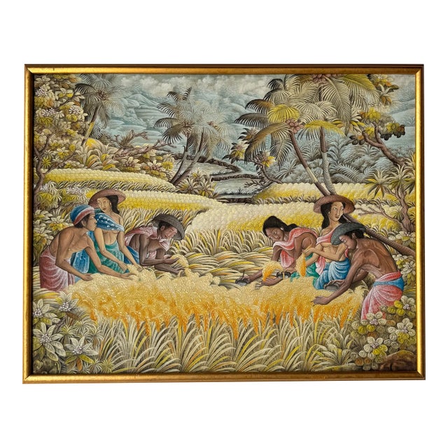 Vintage Kasta Asian Traditional Balinese Rice Farmers in Ubud Acrylic Painting For Sale