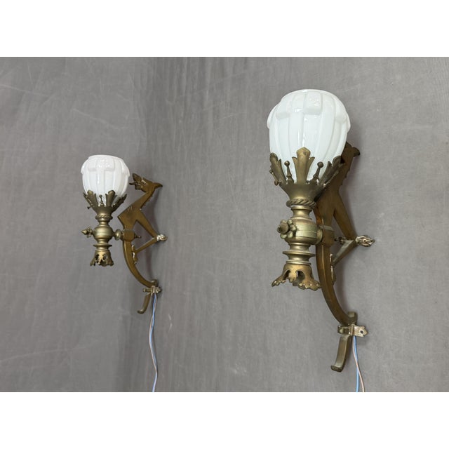 Metal Art Deco Bronze Wall Sconces with Tulip Shades and Dragons, 1890s, Set of 2 For Sale - Image 7 of 11