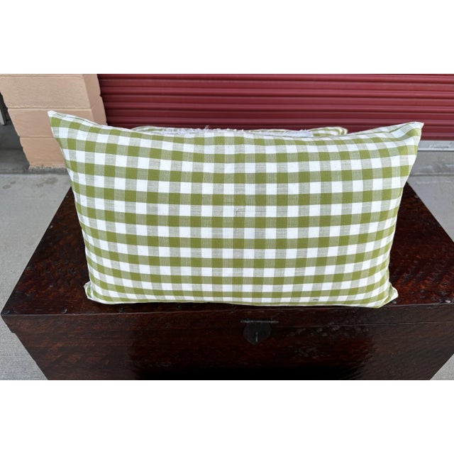 Pair of Green Checked "Hello" Pillows For Sale - Image 4 of 7