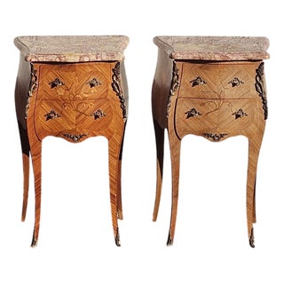 Vintage Marquetry Nightstands in Marble and Wood, Set of 2 For Sale