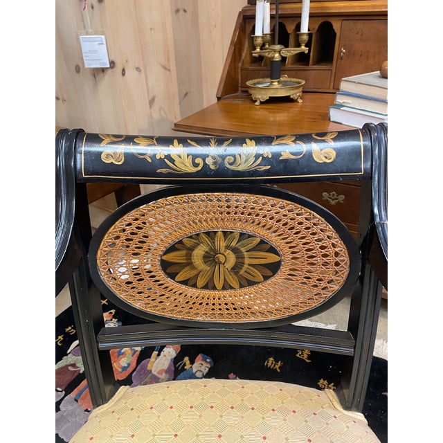 Antique English Regency Ebonized Cane Armchair With Gilt Detailing For Sale - Image 4 of 7