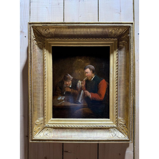 Small oil painting on canvas, a Flemish or Dutch genre scene depicting two pipe smokers in a tavern, in the tradition of...