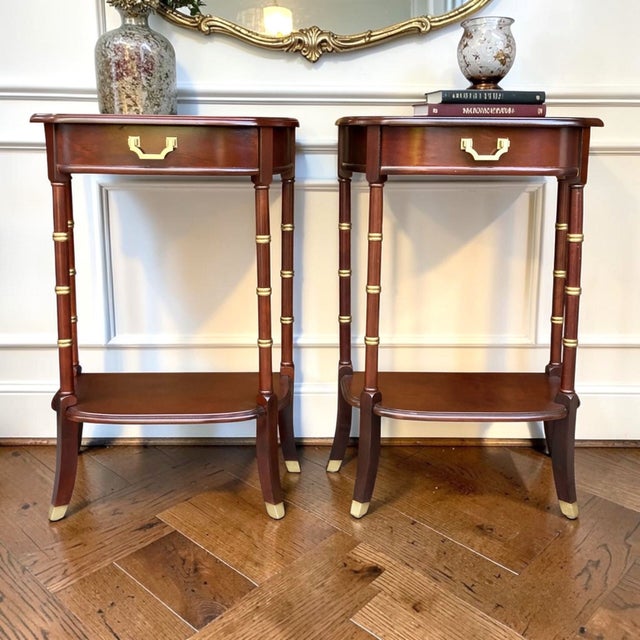 Brown Vintage Cherry Faux Bamboo Bedside Tables | Pair of Hollywood Regency Nightstands | End Tables, A Pair For Sale - Image 8 of 10
