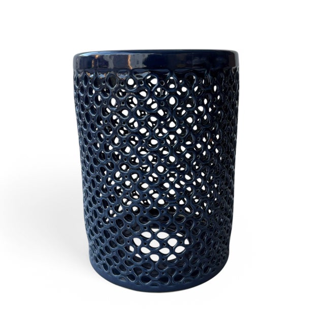 Lanie Deep Blue Glaze Lattice Garden Stool For Sale - Image 10 of 10