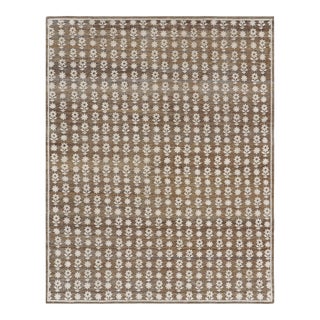Rug & Kilim’s Oversized Block Print Rug in Brown with White Floral Patterns - 13x19 For Sale