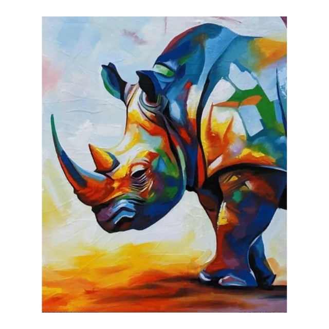 Contemporary "Colorful Rhino" Wildlife Painting by Kano Derrock, Framed For Sale