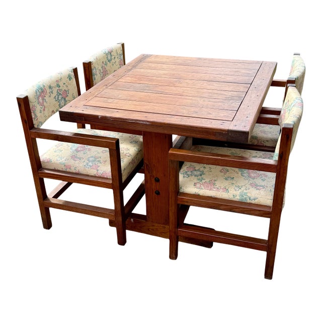 Vintage Oak Dining Table Set-4 Chairs-Farmhouse Rustic Cottage-Wood-Country-Cozy For Sale