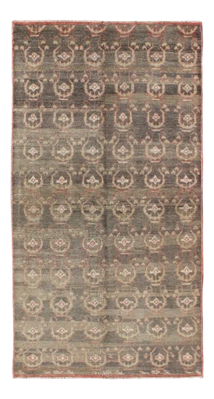 Gray Background Vintage Turkish Oushak Rug With All-Over Design in Red and Green