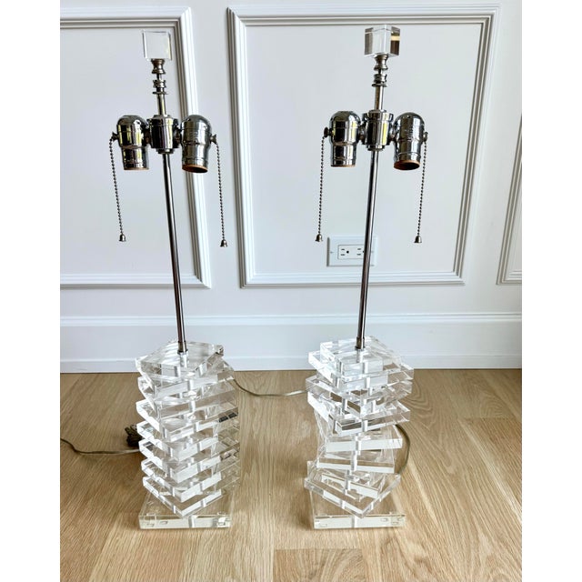 Mid-Century Modern 1970s Artist-Signed Sculptural Stacked Lucite Table Lamps, Intentionally Asymmetrical - Pair For Sale - Image 3 of 11