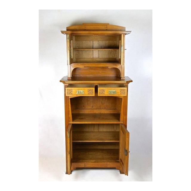 Metal Art Nouveau Buffet in Oak and Tiffany Style Glass, 1910s For Sale - Image 7 of 13