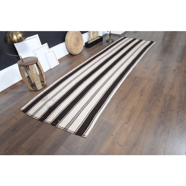 1970s Vintage Handmade Wool Cotton White Runner Rug For Sale - Image 10 of 11