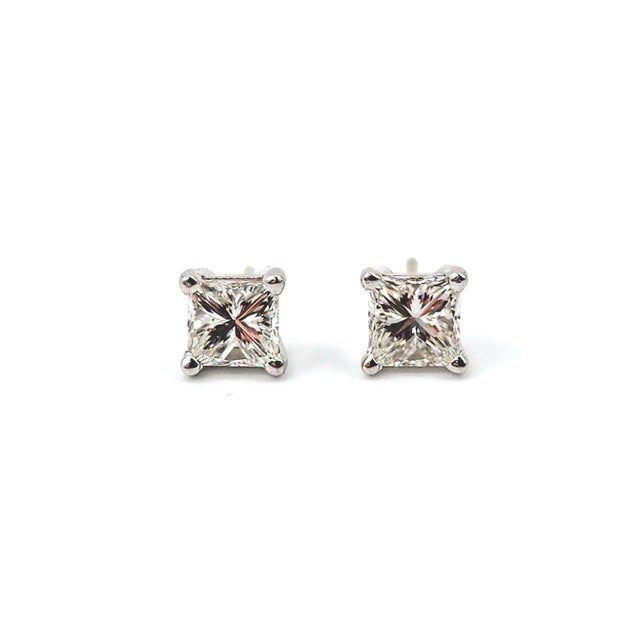 Silver 1.00 Ct Princess Cut Diamond Studs, Pair For Sale - Image 8 of 8