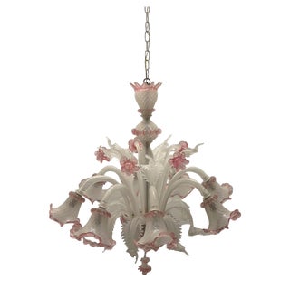 Venetian Large Pink and White Murano Glass Chandelier, 1970s For Sale