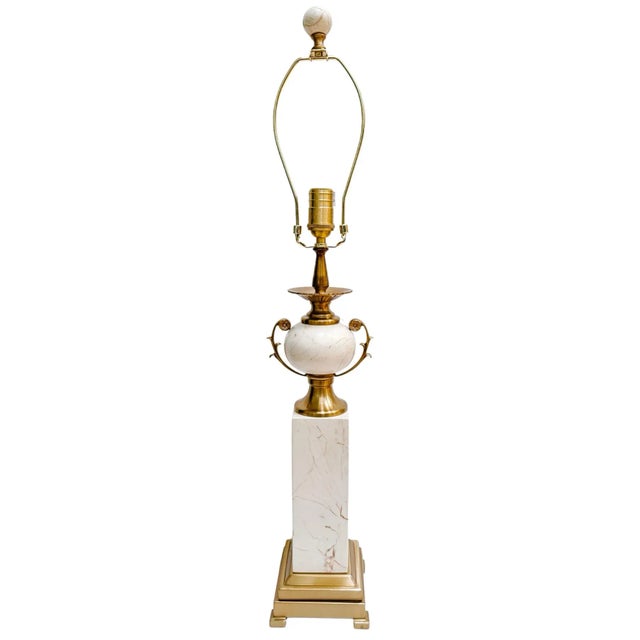 Pair of Late 20th Century Neoclassical Cream Marble and Polished Brass Plated Urn-Form Table Lamps For Sale - Image 4 of 10