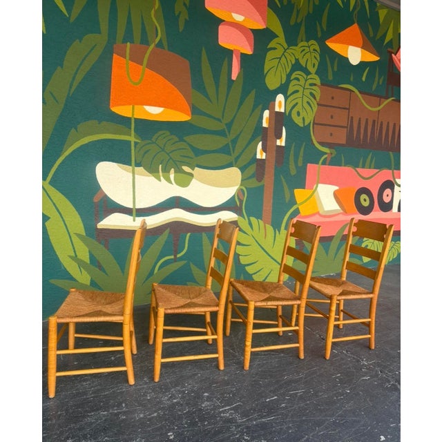 Vintage Beechwood and Rush Ladderback Dining Chairs - 4 For Sale - Image 4 of 12