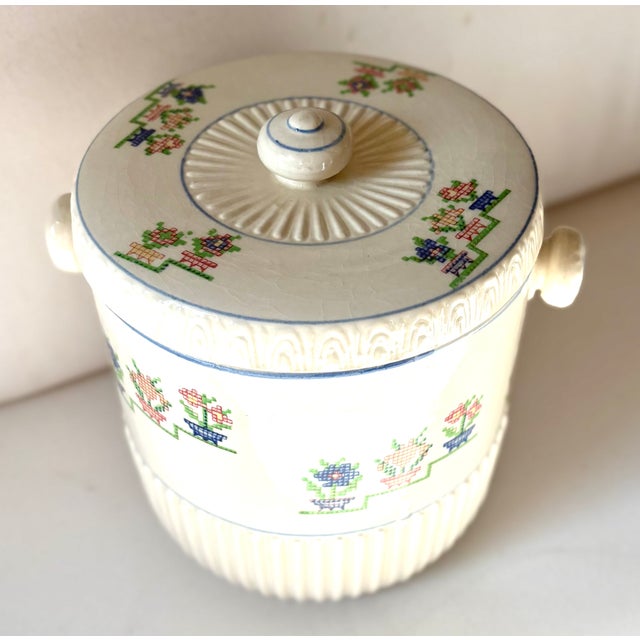 Farmhouse 1940’s Trompe L’oeil Needlepoint Japanese Ceramic Biscuit Jar For Sale - Image 3 of 9