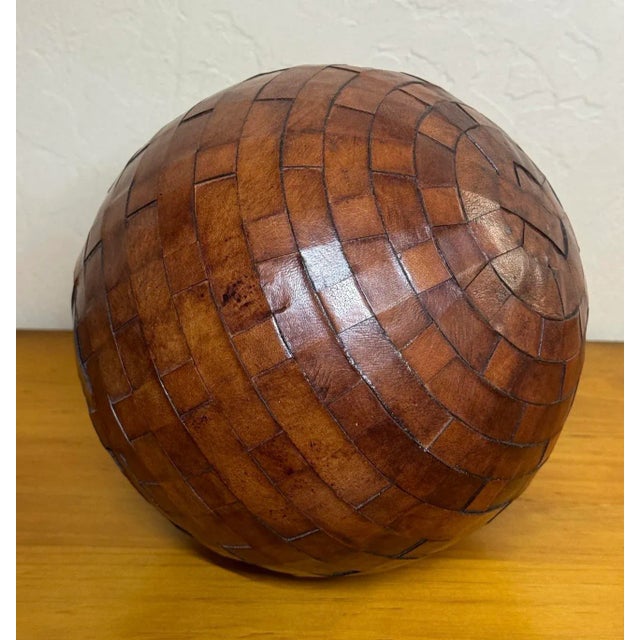 Vintage Large Basket Weave Leather Clad Wood Decorative Ball Sphere Orb For Sale - Image 10 of 12