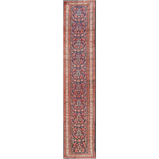 Early 20th Century Antique Malayer Long Runner Rug in Blue Background, Orange and Brown For Sale - Image 9 of 11