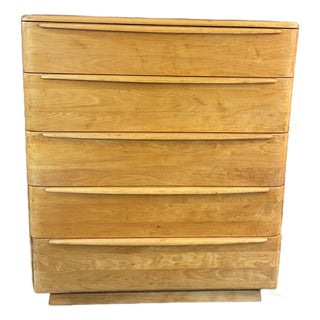 Vintage Heywood Wakefield Champagne Solid Birch 5 Drawer Highboy Dresser For Sale