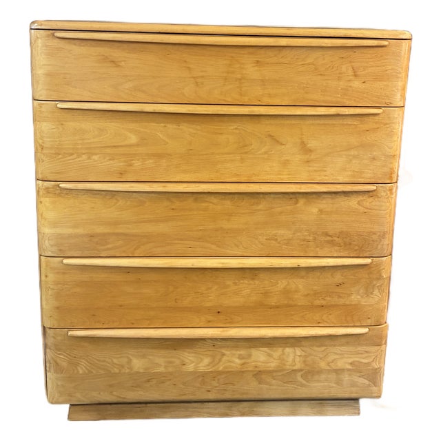 Vintage Heywood Wakefield Champagne Solid Birch 5 Drawer Highboy Dresser For Sale