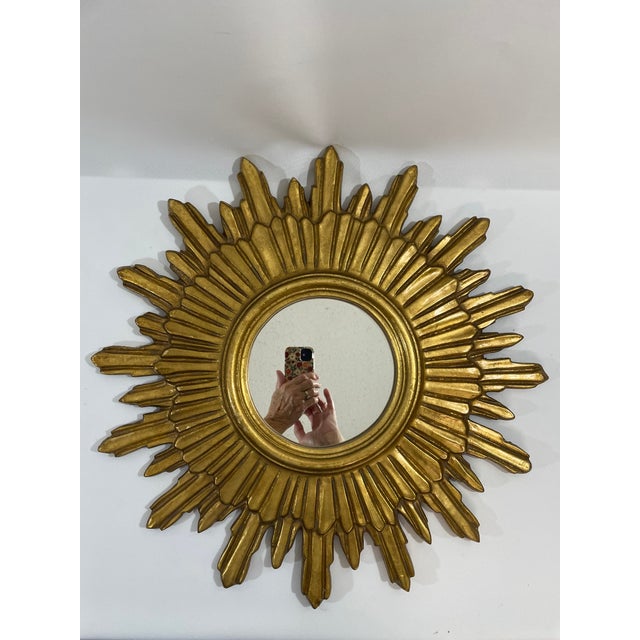 1970s Mid Century Modern Italian Florentine 20" Gilded Sunburst Wall Mirror For Sale - Image 9 of 18