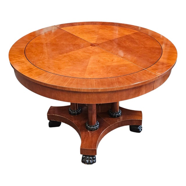 Vintage Baker Furniture Palladian Collection Round Neoclassical Cherry Wood and Parcel Ebonized Extension Pedestal Dining Table For Sale