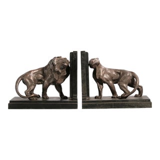 Pair of Early 20th Century Art Déco Bronze and Marble Lions Couple Bookends by Émile Carlier, France For Sale