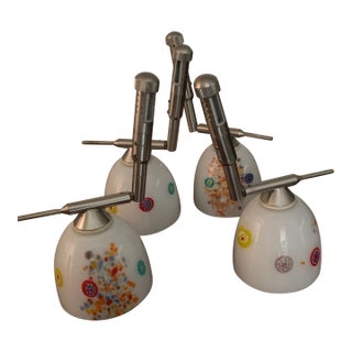 1990s Postmodern Murano Style Millefiori Art Glass Pendant Lamp Shades Adjustable Sockets - Set of 4 For Sale