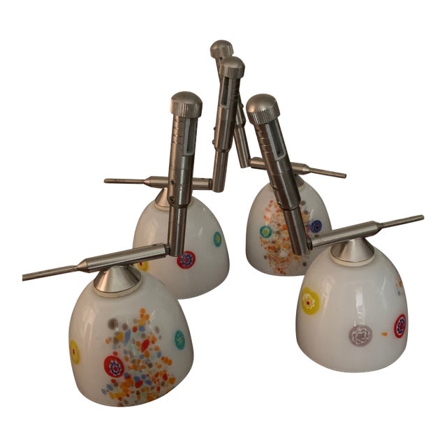 1990s Postmodern Murano Style Millefiori Art Glass Pendant Lamp Shades Adjustable Sockets - Set of 4 For Sale