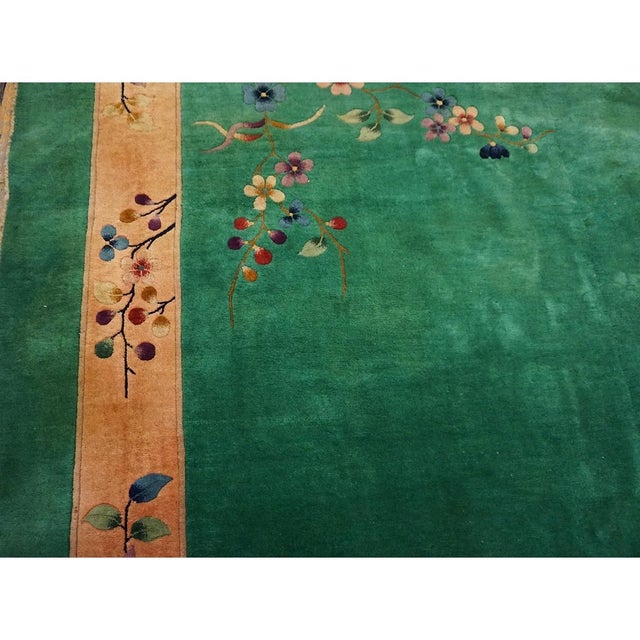 Art Deco 1920s Antique Large Room Size Chinese Hand Knotted Pile Green Field Art Deco Rug For Sale - Image 3 of 6