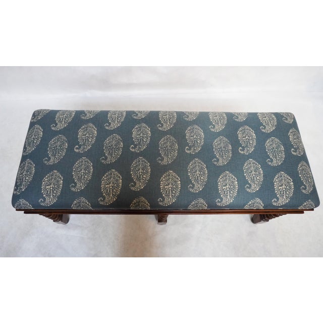 Wood Jacobean / Bobbin Bench With Custom Upholstered Seat The bench seat has a beautiful blue upholstery with a white...
