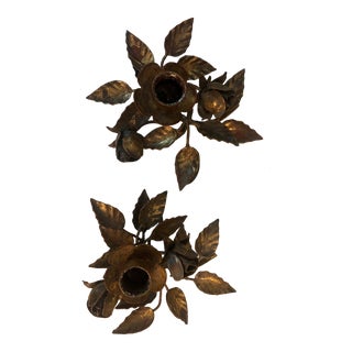 1950s Signed S. Salvadori Italian Gilt Tole Leaf and Rose Tabletop Candle Holders - a Pair For Sale