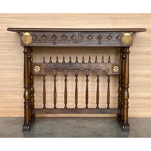 Mid 20th Century Castilian Mid-Century Console in Walnut with Two Front Drawers in Gold Leaf For Sale - Image 16 of 18