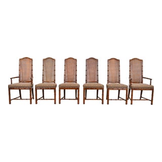 Henredon Mid-Century Hollywood Regency Walnut and Cane Bamboo Form High Back Dining Chairs, Set of Six For Sale