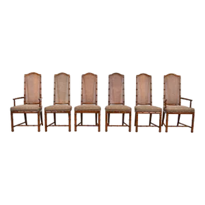 Henredon Mid-Century Hollywood Regency Walnut and Cane Bamboo Form High Back Dining Chairs, Set of Six