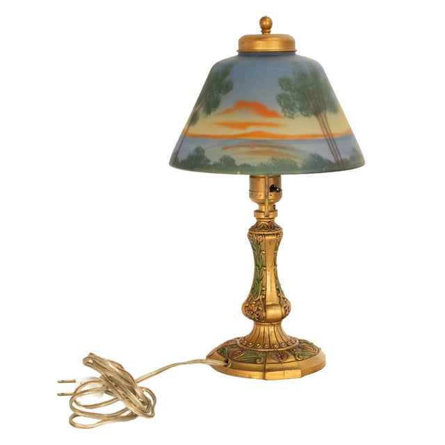 Blue 1910s Handel Art Nouveau Frosted Glass Reverse Painted Boudoir Table Lamp For Sale - Image 8 of 14