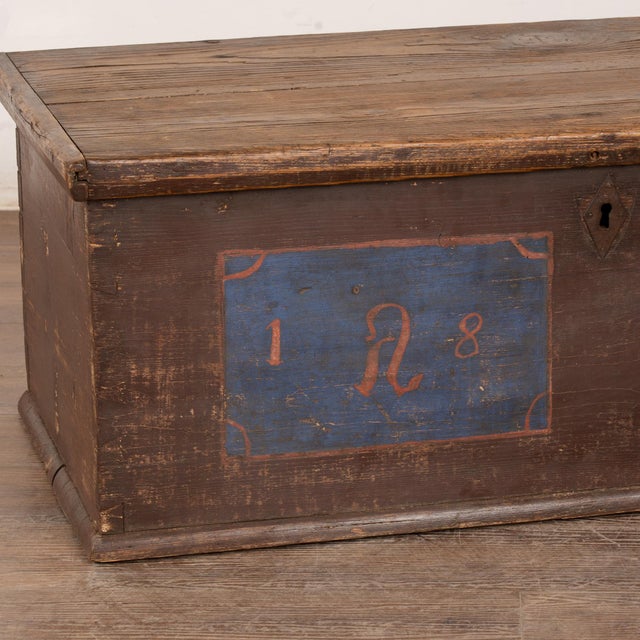 Wood 19th Century Hand Painted Flat Top Trunk Dated 1876 For Sale - Image 7 of 9
