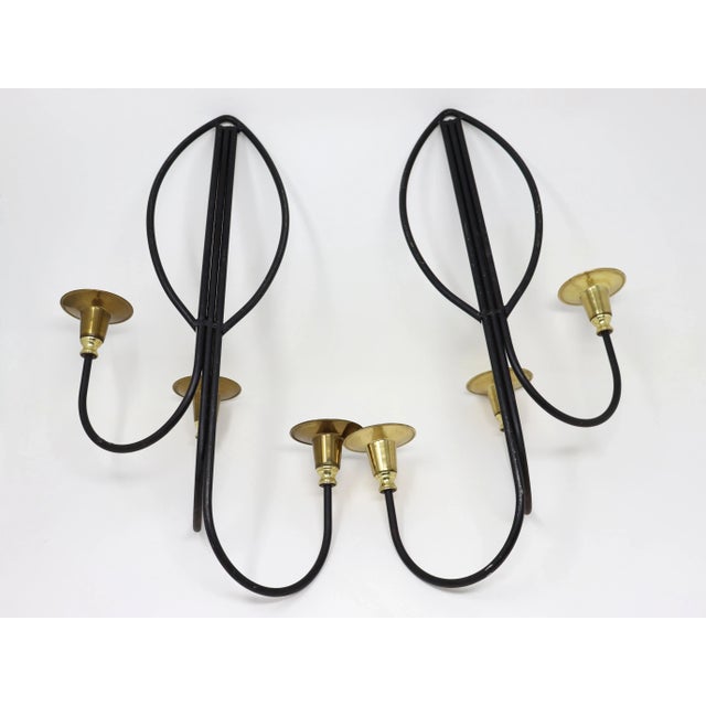 Black Vintage Tommi Parzinger Style Iron and Brass Wall Candle Sconces - A Pair For Sale - Image 8 of 8