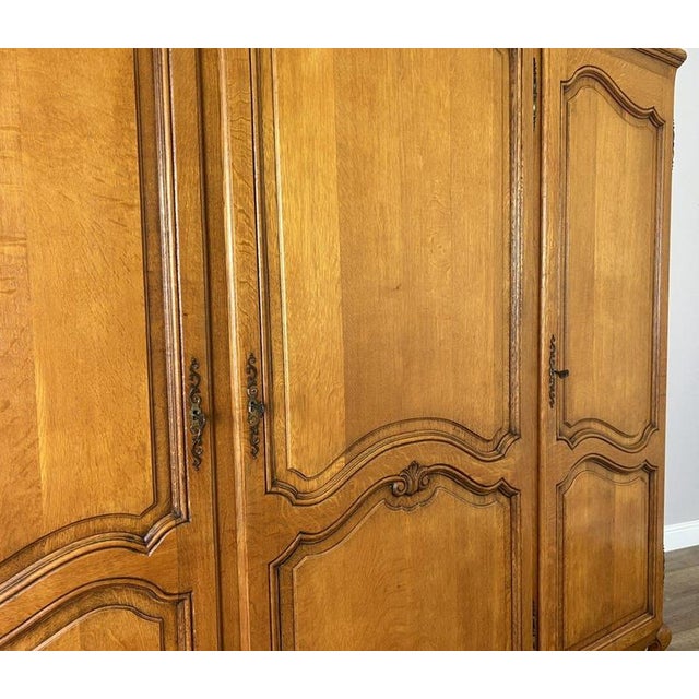 Wood Vintage French Louis XVI Style Carved Oak 3-Door Armoire For Sale - Image 7 of 13